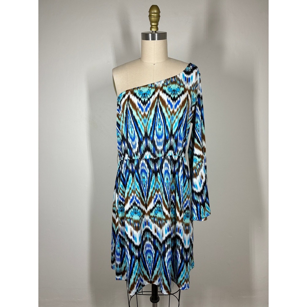 Boston Proper One Shoulder Dress Medium Abstract Print‎ Stretchy Vacation Resort